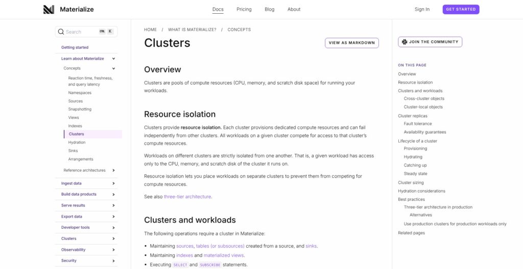 Materialize cluster documentation, October 2026