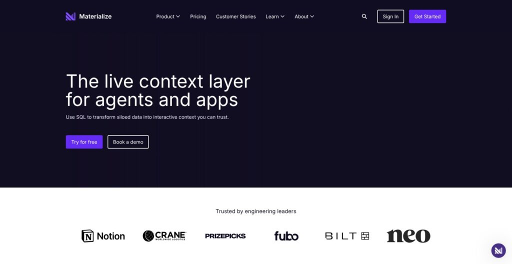 Materialize homepage, October 2026