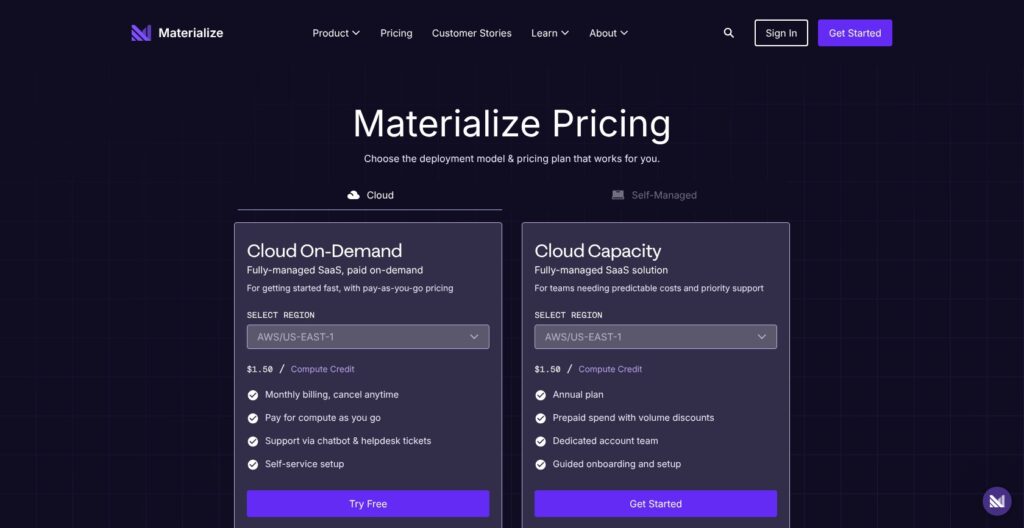 Materialize pricing page, October 2026