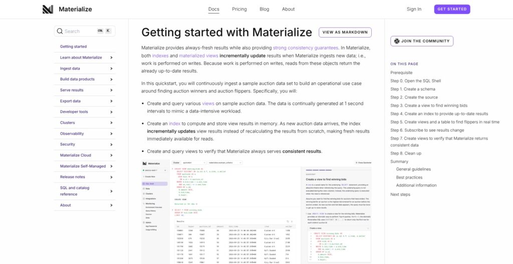 Materialize quickstart documentation, October 2026