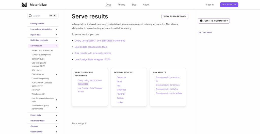 Materialize serving documentation, October 2026