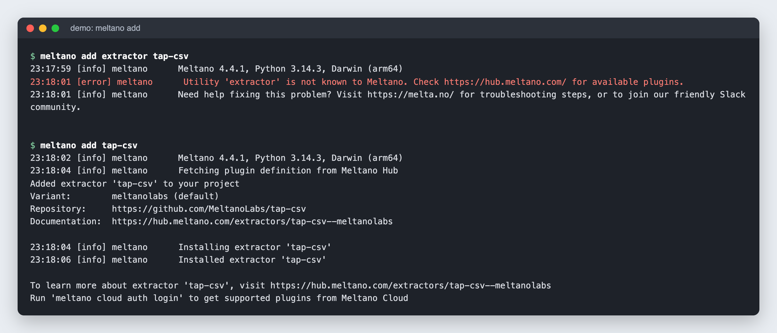 Terminal showing meltano add extractor tap-csv failing in Meltano 4.4.1 and meltano add tap-csv installing the MeltanoLabs variant.