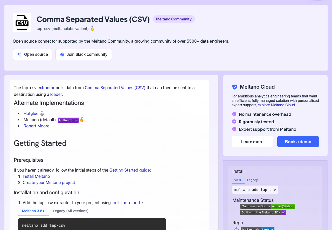 Meltano Hub page for the tap-csv extractor showing the MeltanoLabs default variant, alternate implementations and maintenance status.