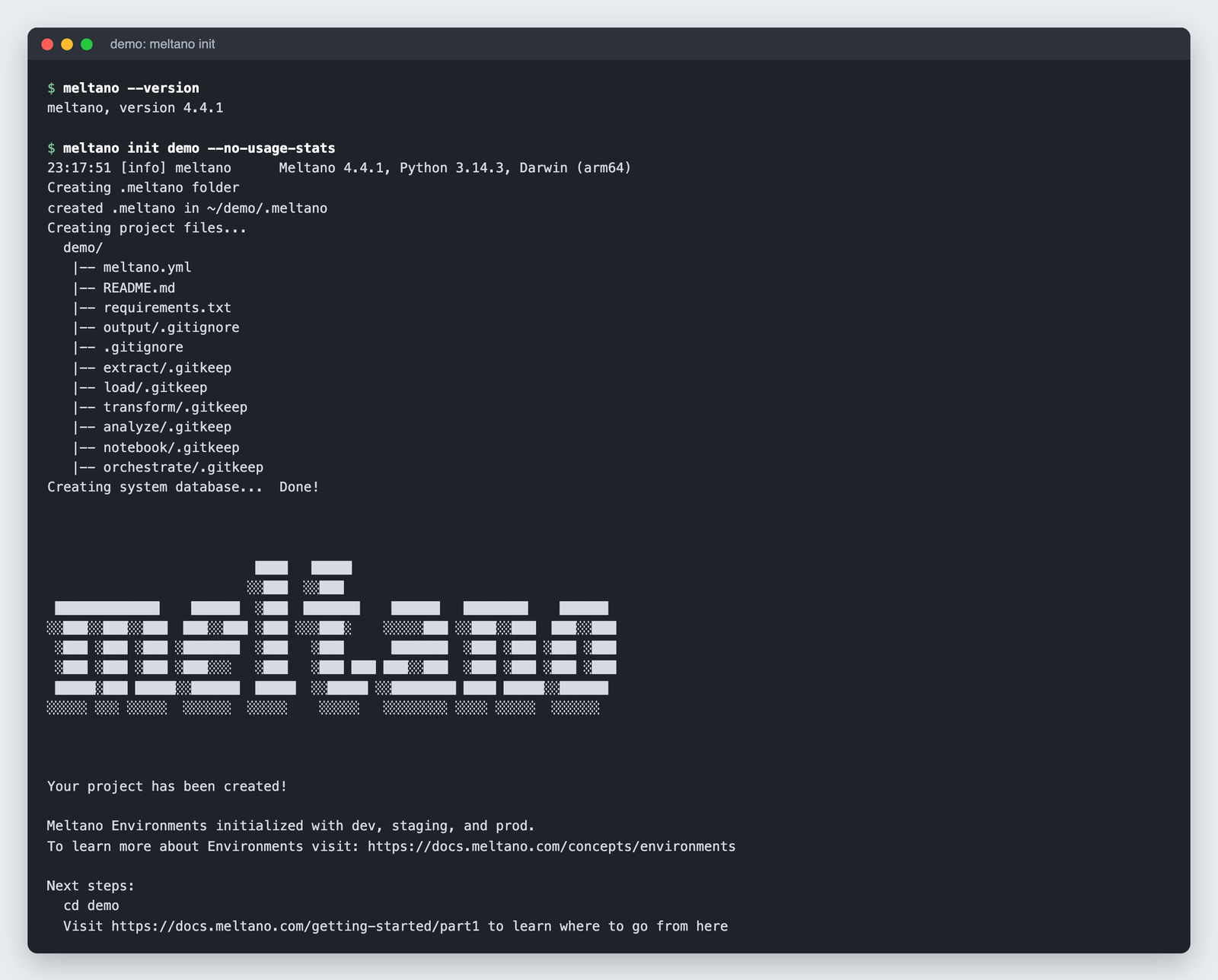 Terminal output of meltano init creating a demo project with meltano.yml, plugin folders, a system database and three environments.