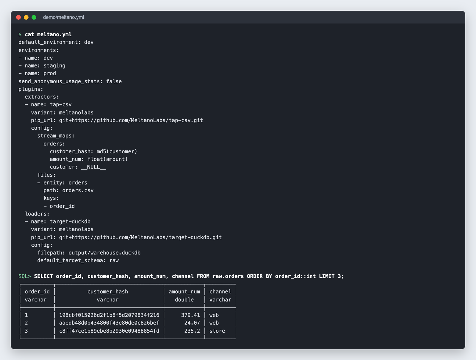 meltano.yml with tap-csv stream maps hashing the customer column and casting amount, followed by a DuckDB query of the results.