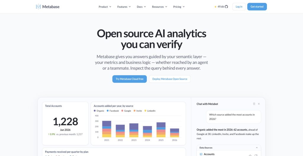 Metabase homepage, October 2026