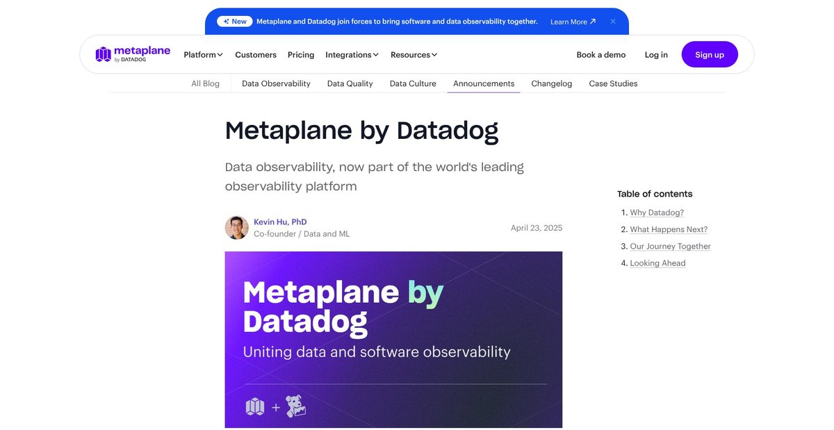 Metaplane by Datadog announcement post dated April 23, 2025