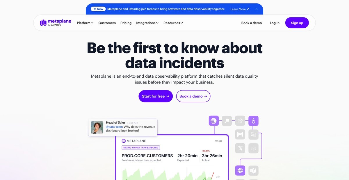 Metaplane homepage with the by Datadog logo and the Datadog announcement banner