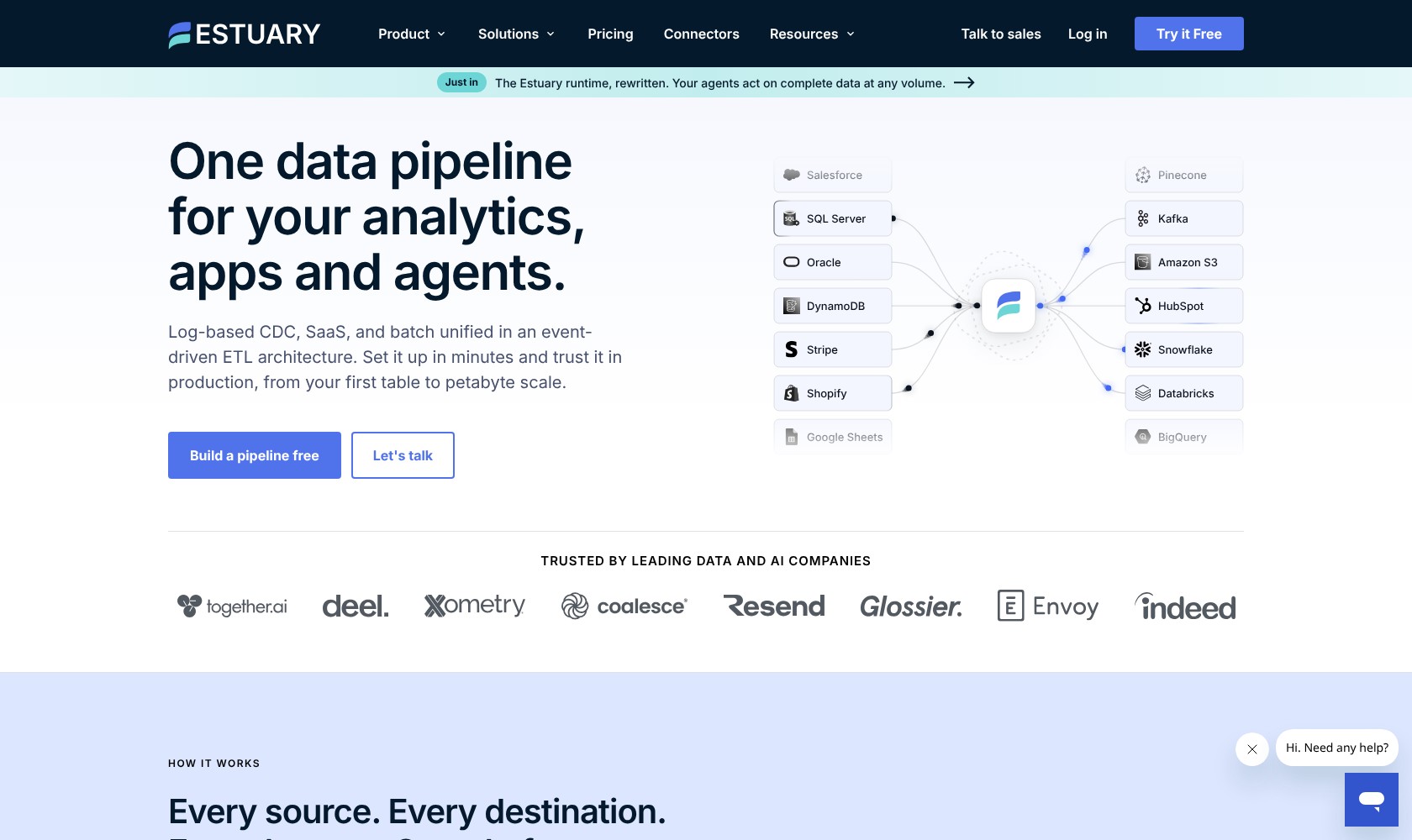 Estuary homepage showing source and destination connectors