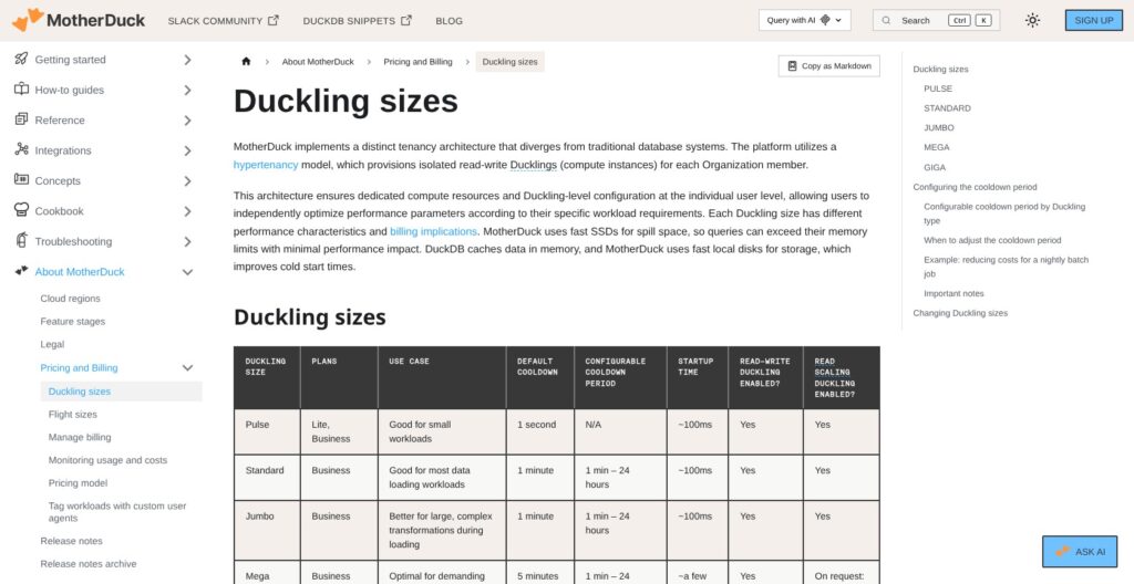 MotherDuck Duckling sizes docs, October 2026