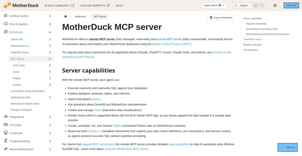 MotherDuck MCP server docs, October 2026
