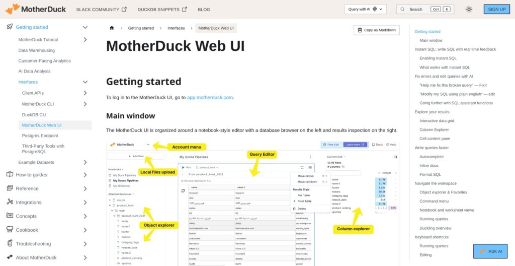 MotherDuck web UI quick tour, October 2026