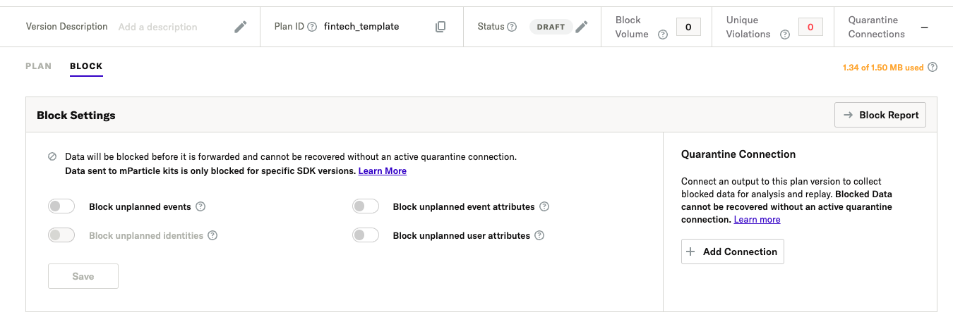 mParticle Data Plan block settings for unplanned events and attributes, with a quarantine connection panel.
