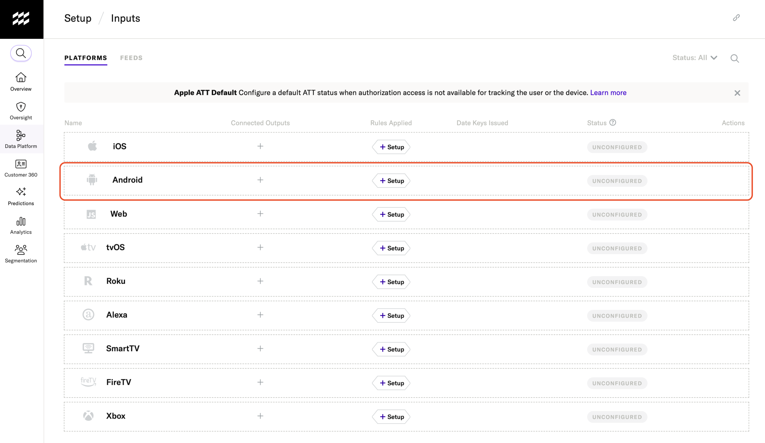 mParticle input settings showing supported platform sources and setup status.