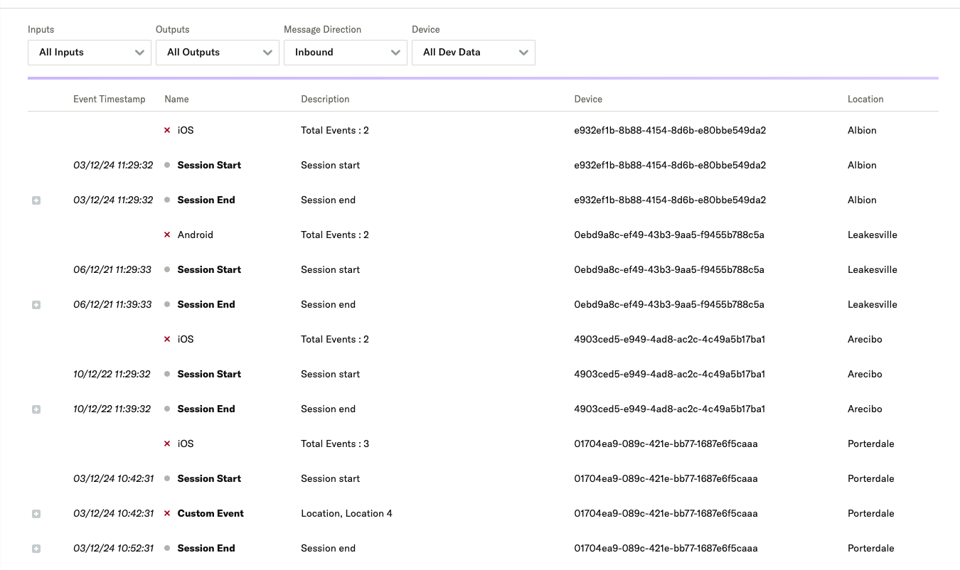 mParticle Live Stream showing incoming iOS and Android events with timestamps and device details.