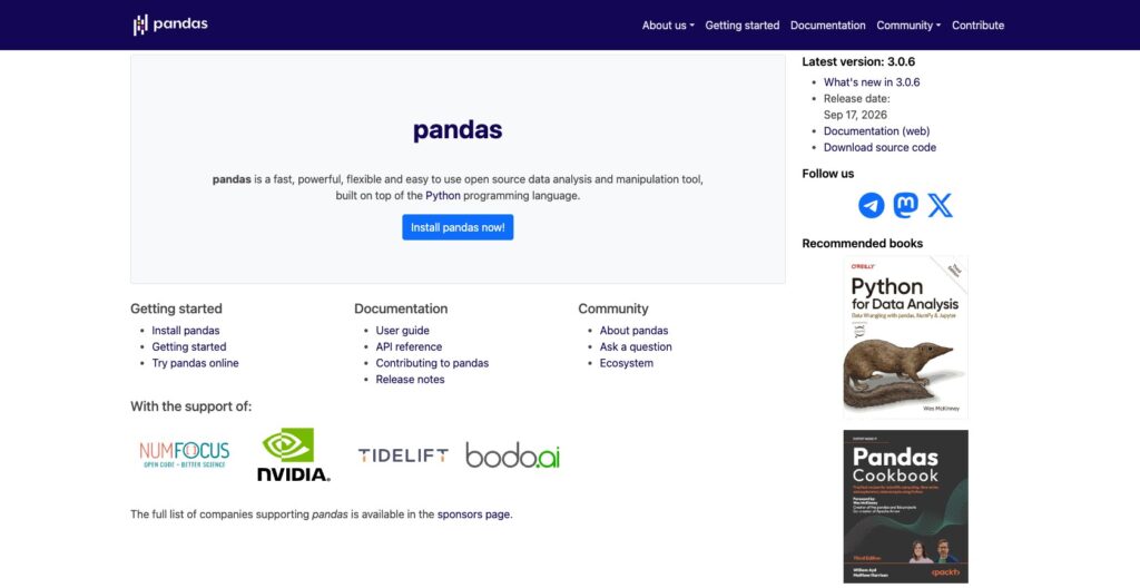 pandas homepage, October 2026