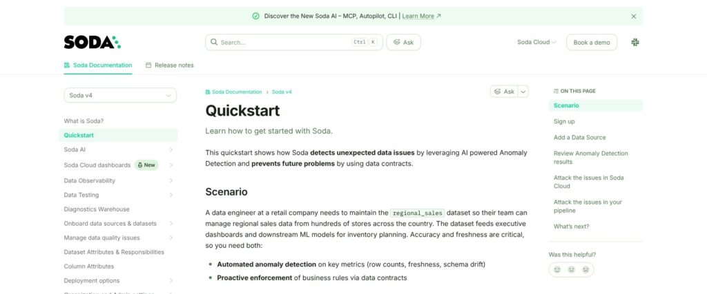 Soda quickstart page, October 2026