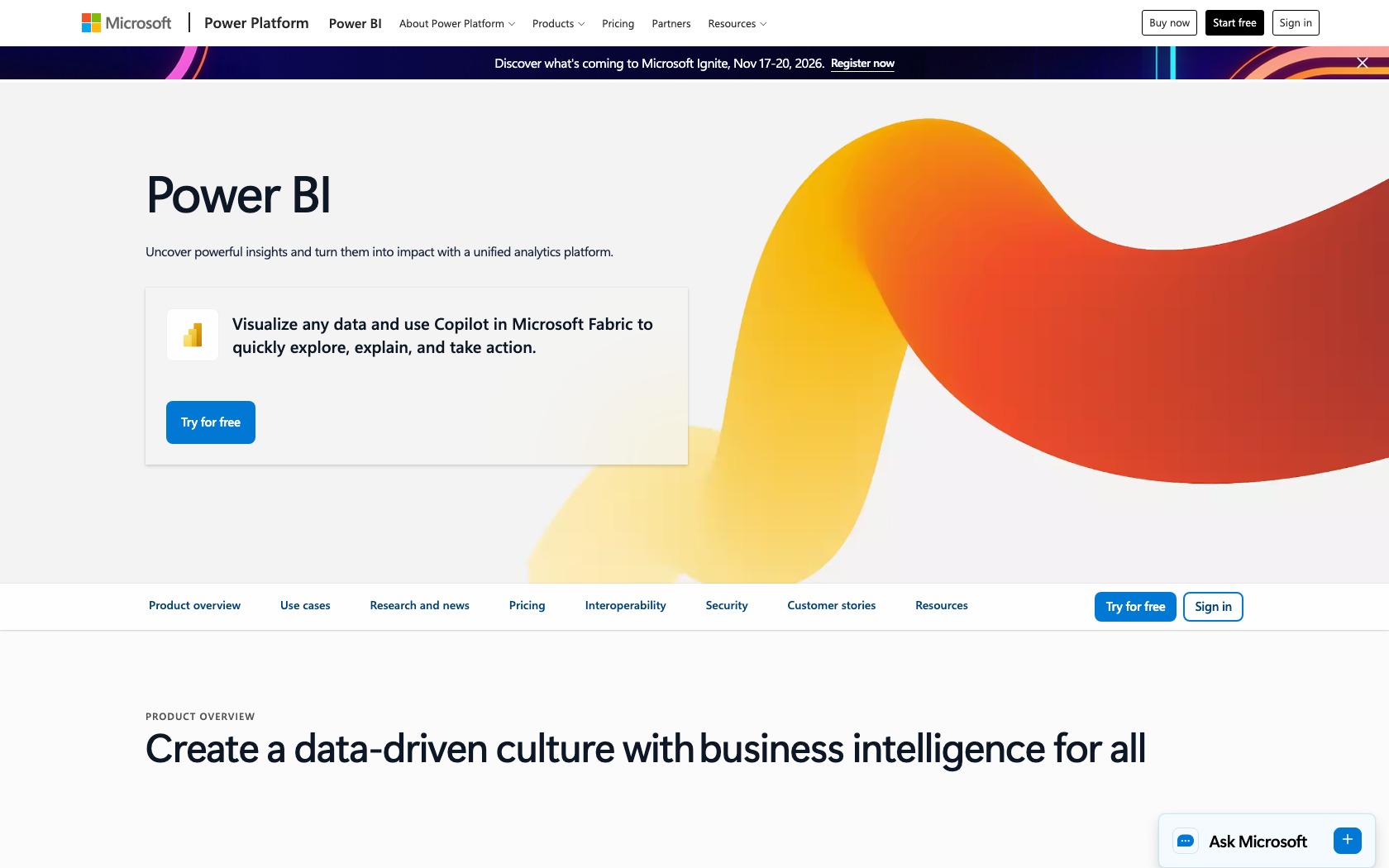 Microsoft Power BI product page introducing its business reporting platform.