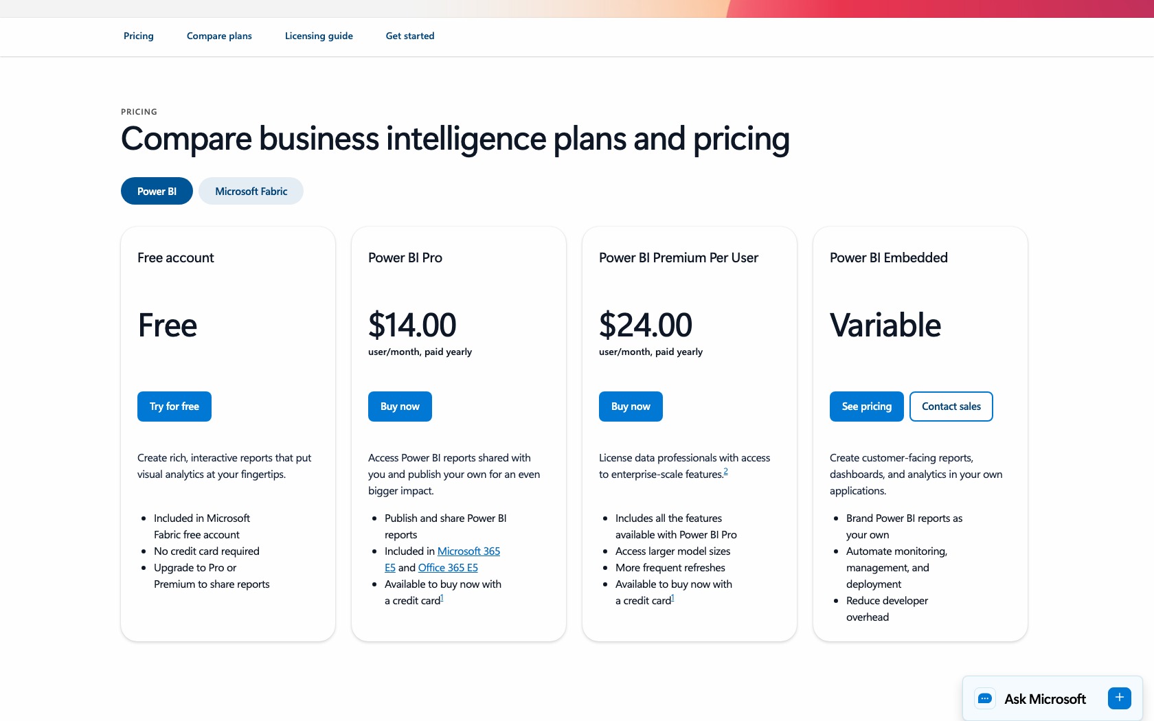 Power BI pricing cards for Free, Pro, Premium Per User, and Embedded.