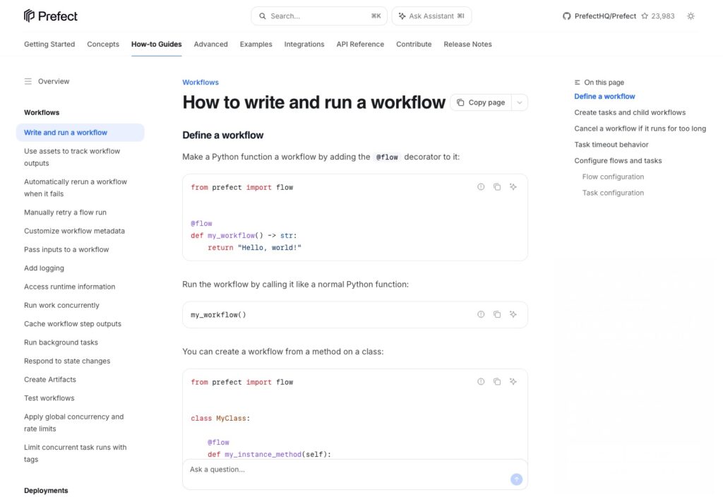 Prefect documentation showing a Python function decorated with @flow