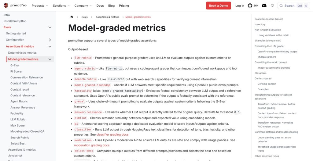 Promptfoo model-graded metrics reference, October 2026