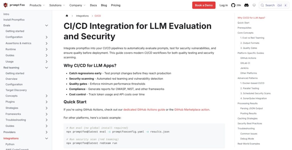 Promptfoo CI/CD integration guide, October 2026