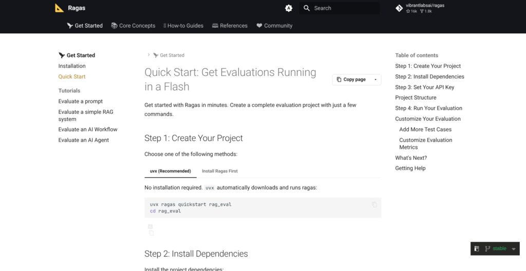 Ragas quickstart docs, October 2026