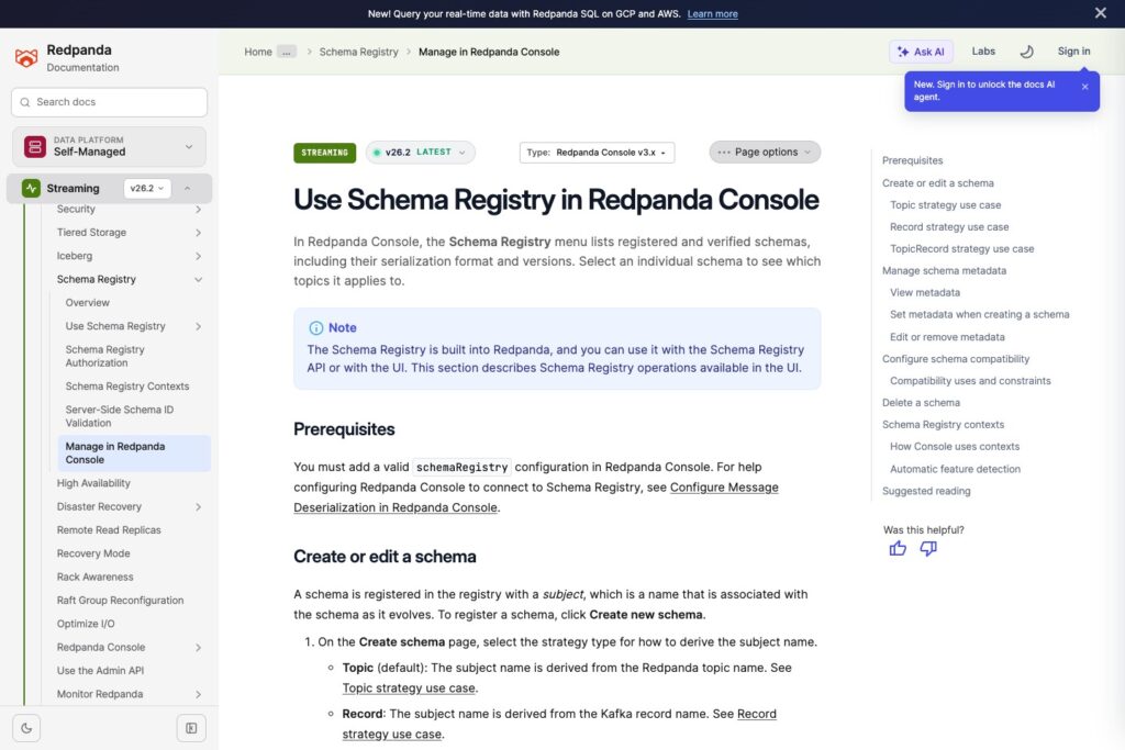 Redpanda documentation explaining Schema Registry in Console