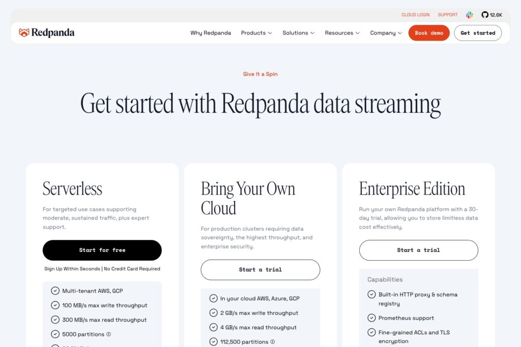 Redpanda deployment comparison showing Serverless and Bring Your Own Cloud
