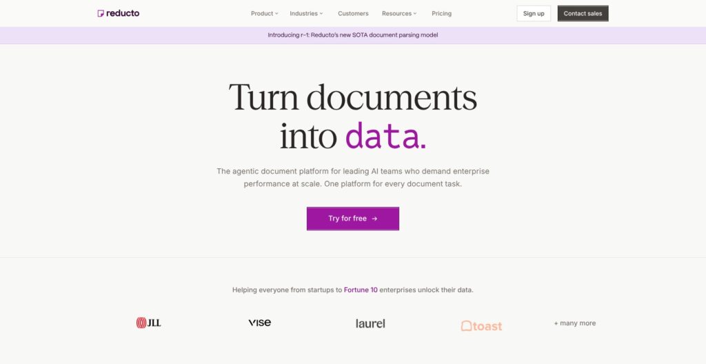 Reducto homepage, October 2026