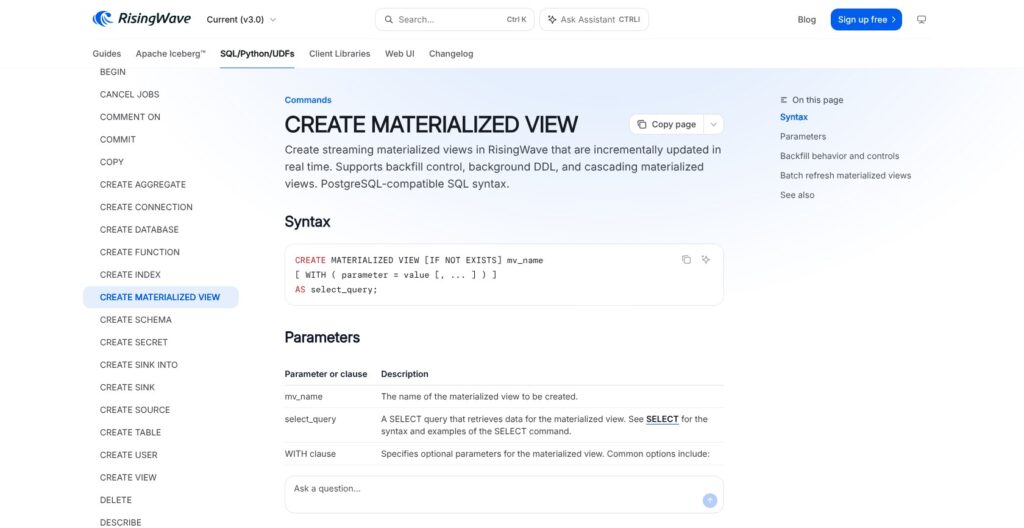 RisingWave materialized views page, October 2026