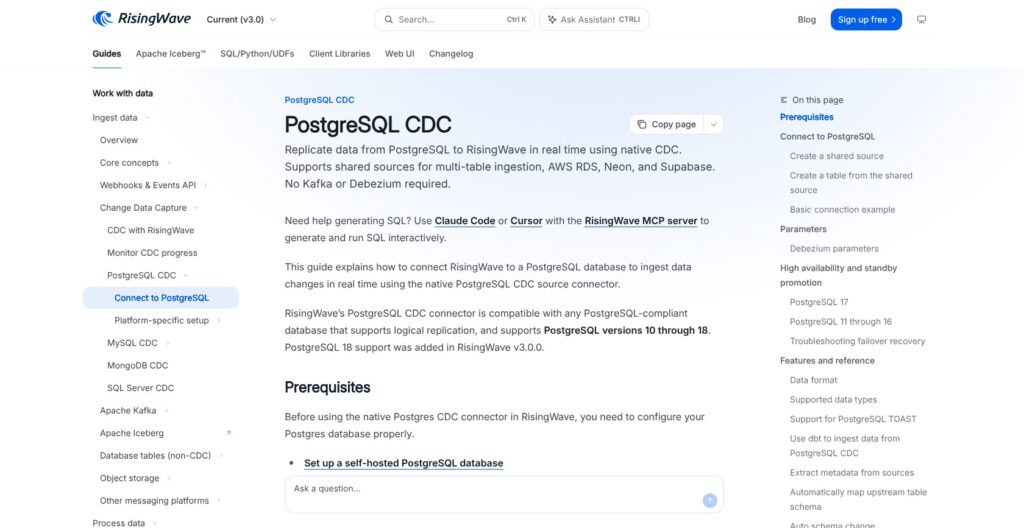 RisingWave postgresql cdc page, October 2026