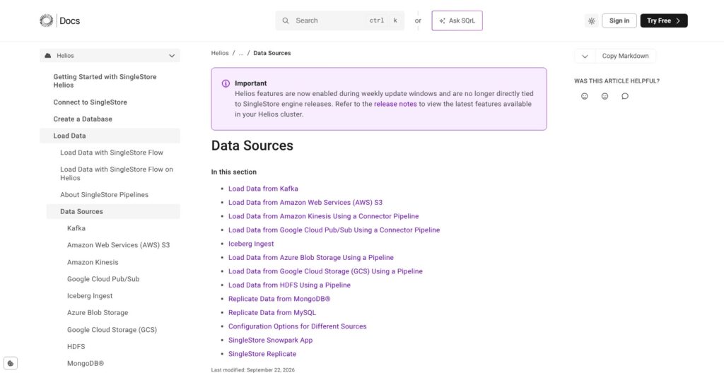 SingleStore Pipelines data sources documentation, October 2026