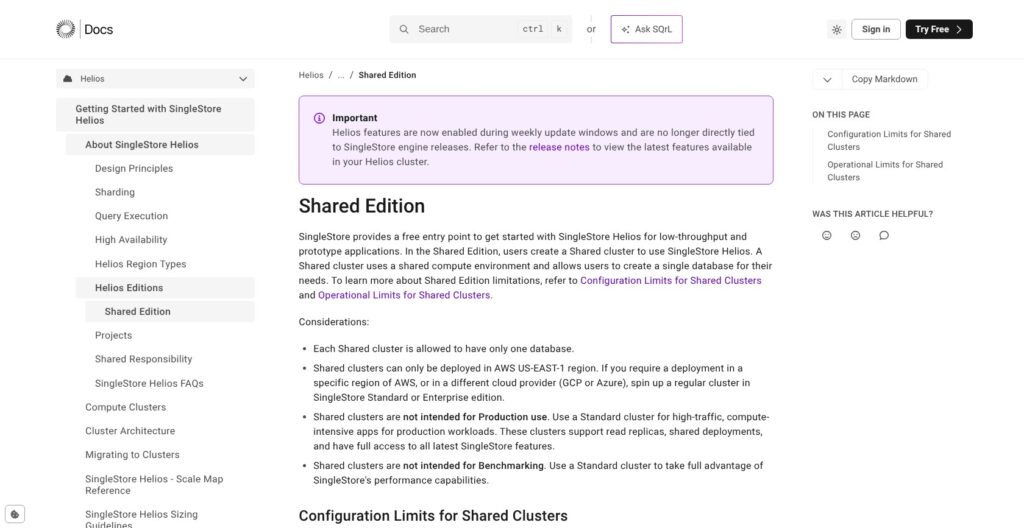 SingleStore Shared edition documentation, October 2026