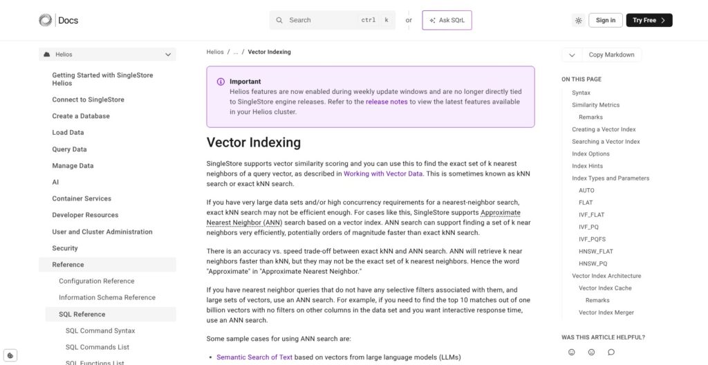 SingleStore vector indexing documentation, October 2026