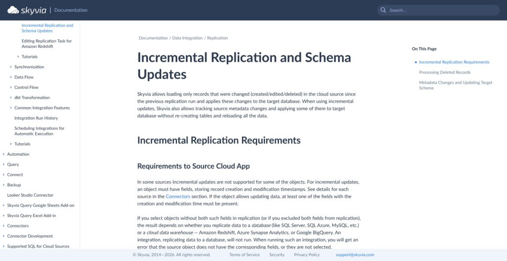 Skyvia incremental replication documentation, October 2026