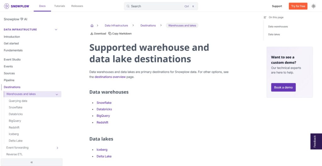 Snowplow warehouse and lake destinations documentation, October 2026