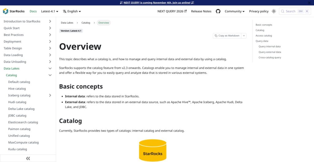 StarRocks external catalog overview documentation, October 2026