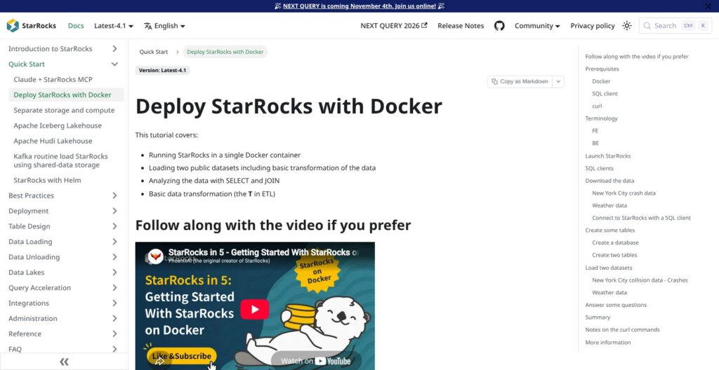 StarRocks Docker quickstart documentation, October 2026
