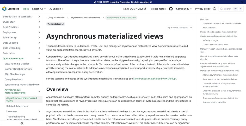 StarRocks asynchronous materialized views documentation, October 2026