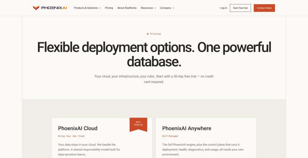 PhoenixAI pricing page for managed StarRocks, October 2026