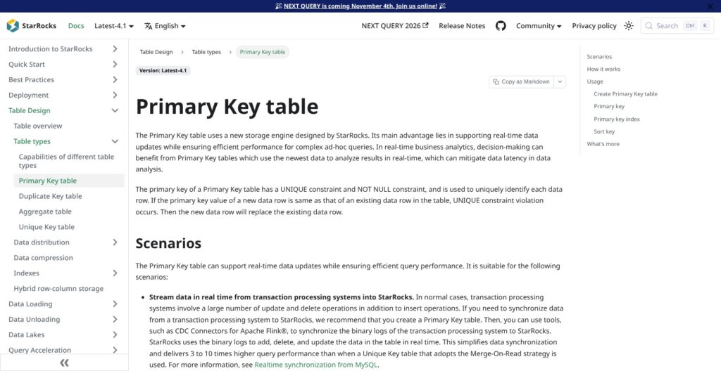 StarRocks Primary Key table documentation, October 2026