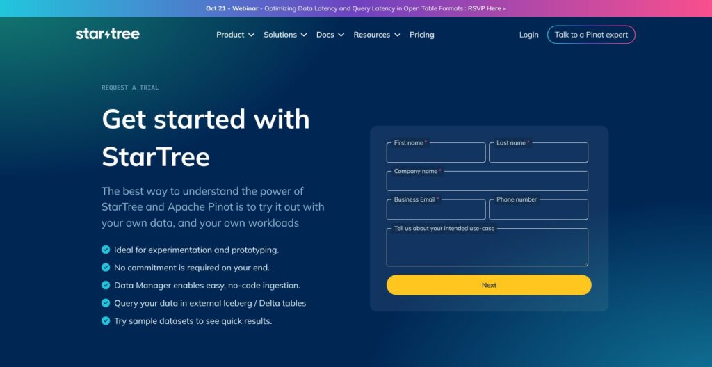 StarTree trial request page, October 2026