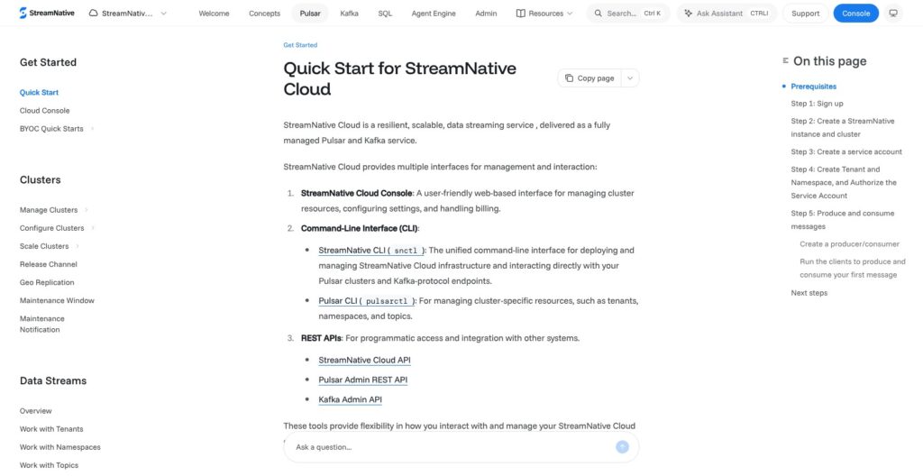 StreamNative console quickstart documentation, October 2026