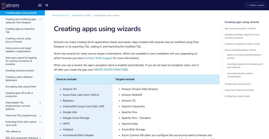 Striim pipeline wizard documentation, October 2026