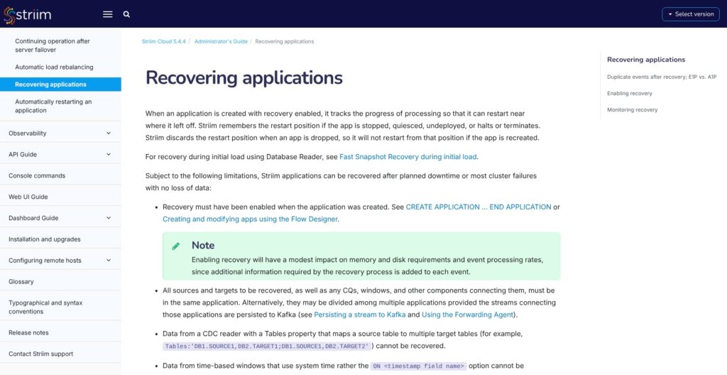 Striim application recovery documentation, October 2026