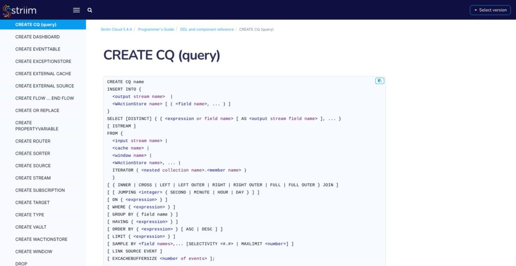 Striim continuous query documentation, October 2026
