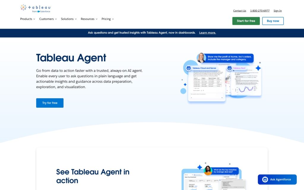 Tableau Agent product page introducing AI-assisted analytics