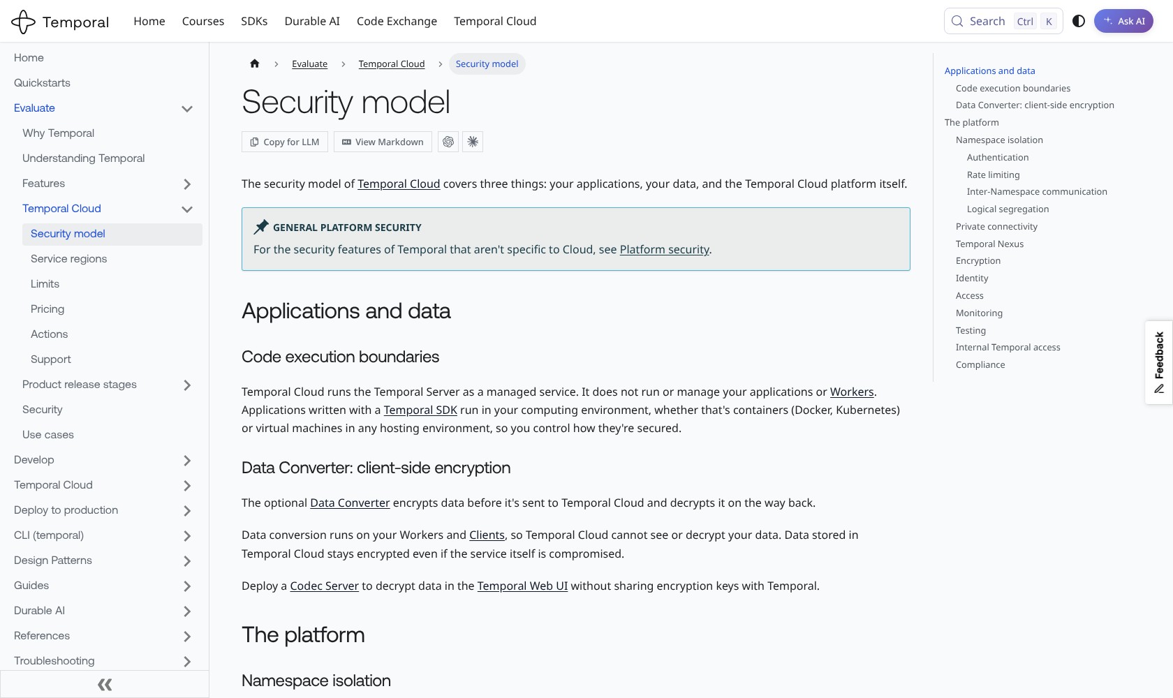 Temporal Cloud security documentation describing worker and service architecture