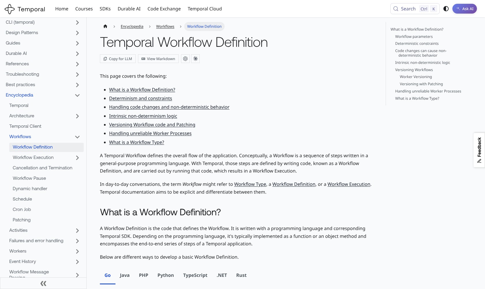 Temporal documentation explaining Workflow Definitions and durable execution
